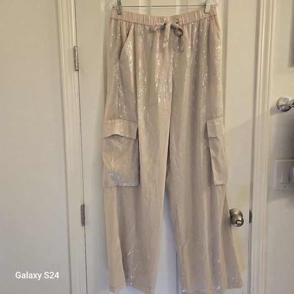 Sanctuary Cream Wide Leg Sequence Cargo Pants Size: XL - Picture 4 of 9